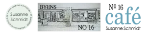 Et cirkulært logo med kontaktoplysninger for Susanne Schmidt, en sort-hvid skitse af en café med BYENS NO 16 og et logo med teksten N°16 café Susanne Schmidt i stiliseret blå og sort tekst.