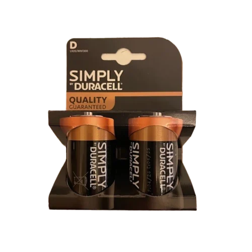 To D-batterier, 2 stk. i sort og kobber SIMPLY by DURACELL-emballage, garanteret kvalitet, på papbagside.